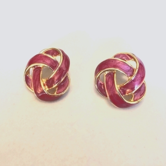 Vintage Love Knot Earrings Purple Enamel and Gold Tone Twist Pierced - Picture 1 of 2